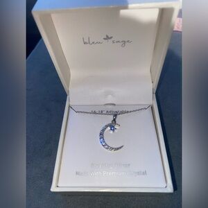 BNIB Blu Sage Sterling Silver Crescent Moon w/Light Blue Crystal Star Necklace